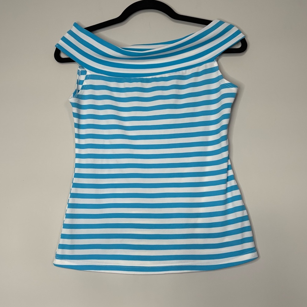 Y2K Blue & White Striped Off The Shoulder Top Fitted | Summer, Coastal, 2000’s